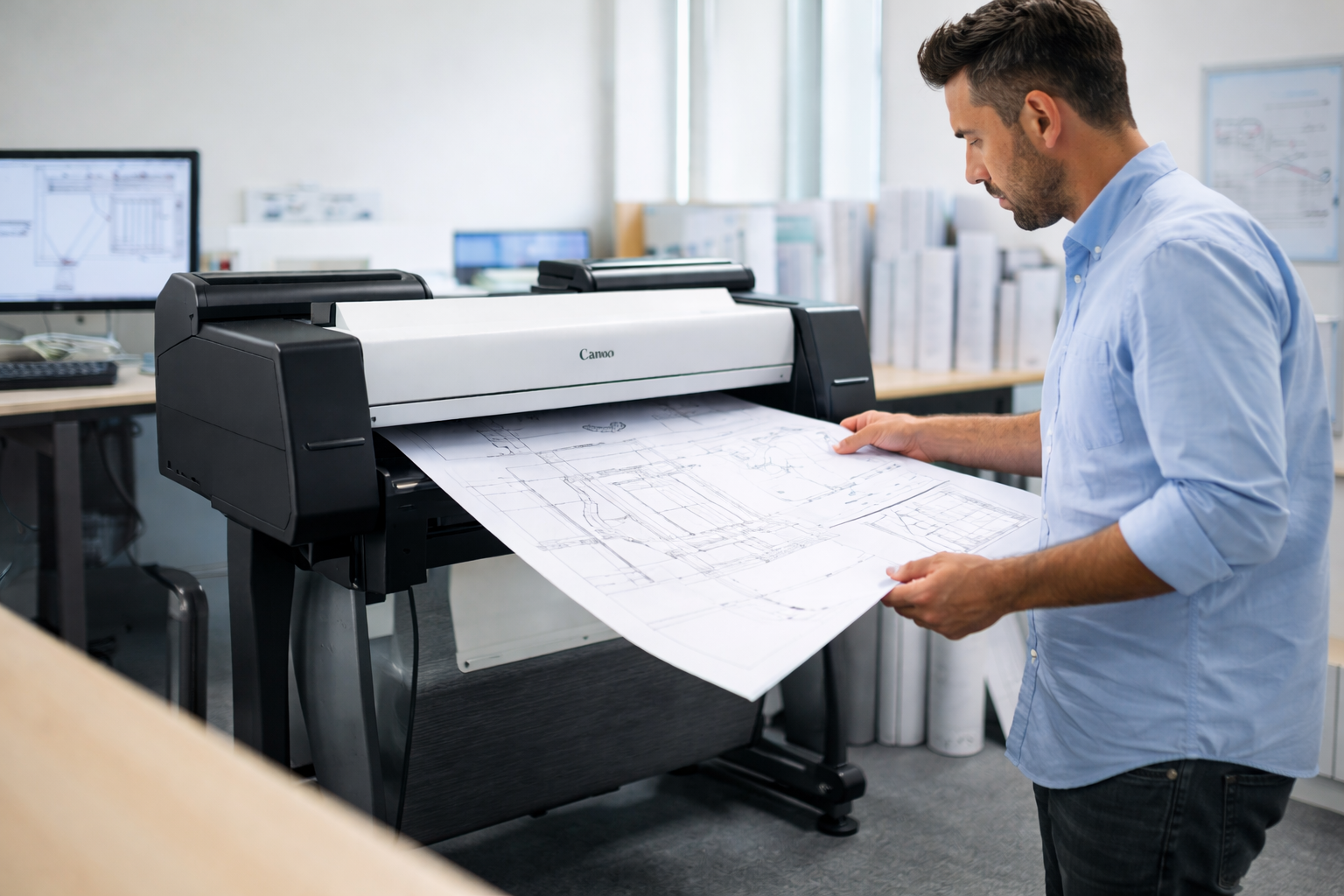 Stampa di tavole tecniche in grande formato in un ufficio tecnico