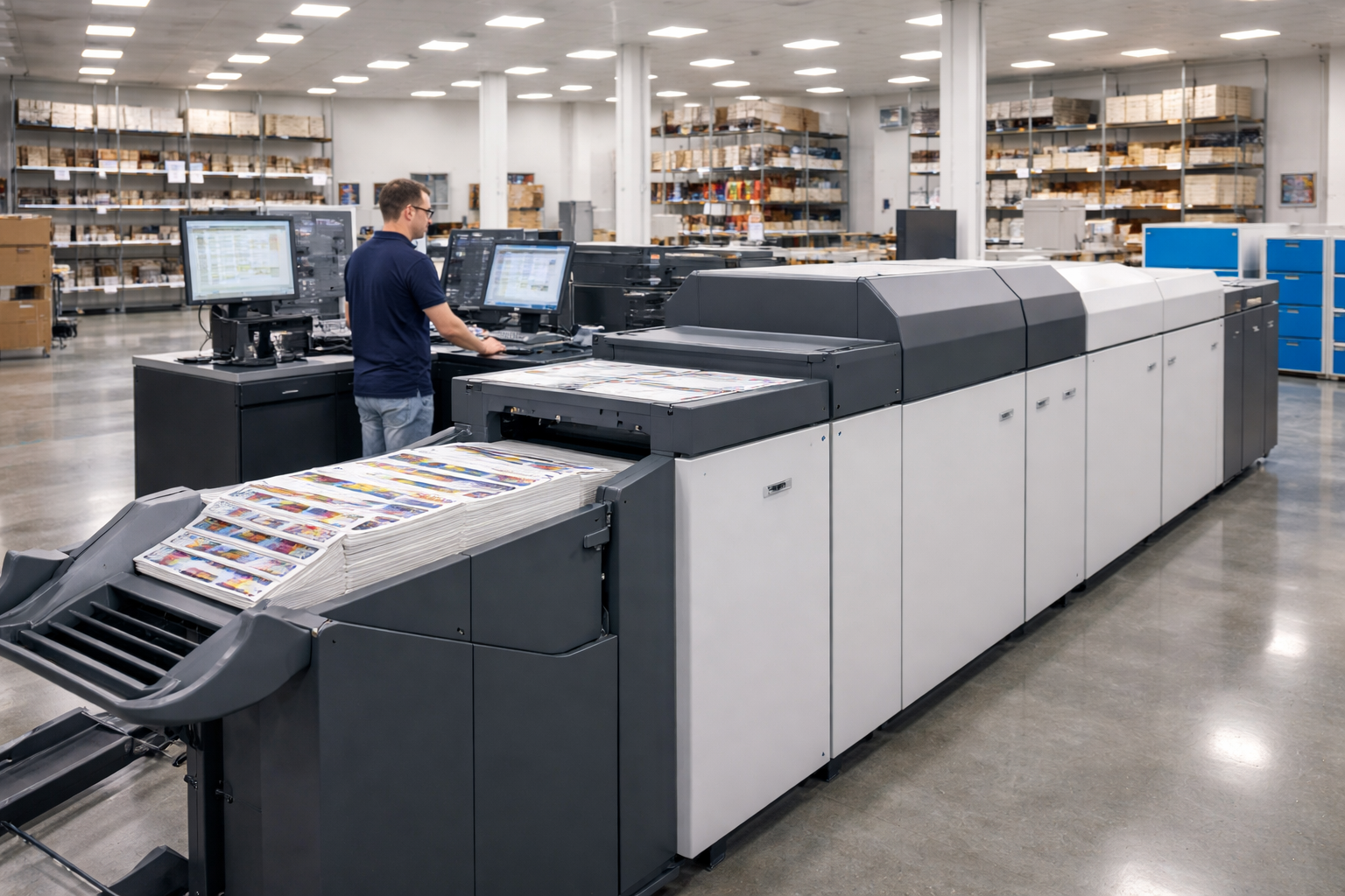 Ambiente di stampa digitale professionale con macchina in produzione